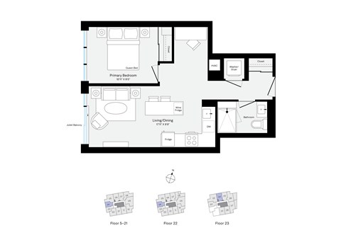 Floor plan for 1 bed, 1 bath, 536 sqft
